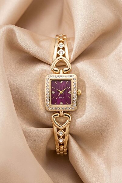 GANYMET Siesta Women's Gold Square Case Wristwatch with Purple Dial and Stone...