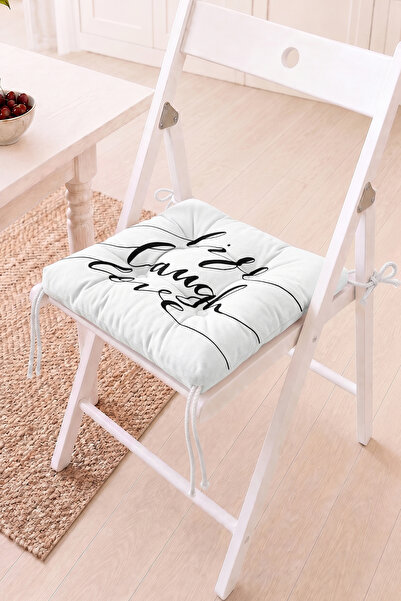 Home Life Laugh Love Yazılı Siyah Beyaz Pofidik Sandalye Minderi - Modern Dek...