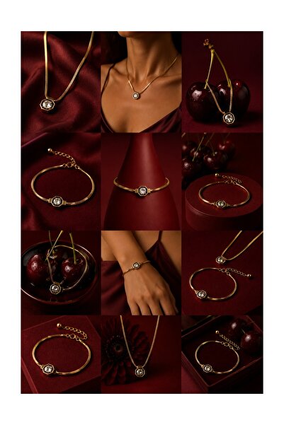 AURA ATELİER MODA Round Stone Gold Color Necklace and Bracelet Set for Women,...