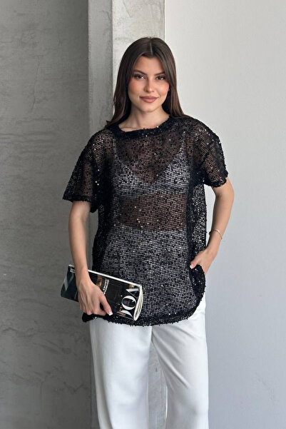 deqfashion Women's Black Sequined Mesh Blouse Oversize Casual Beach Top Pareo...