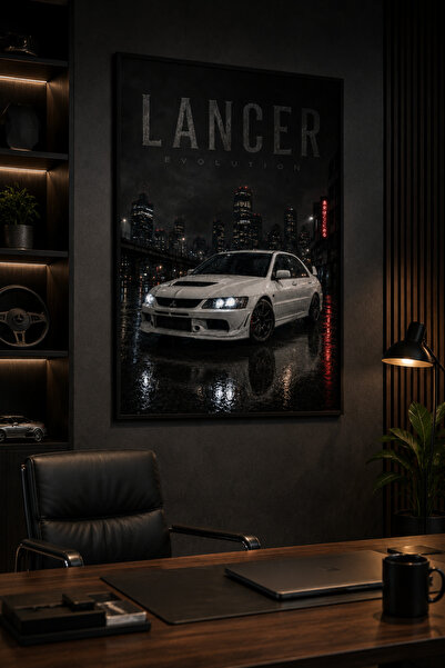 dwarıa Mitsubishi Lancer Evolution Beyaz Araba Posteri – Gece Şehir Manzaralı...