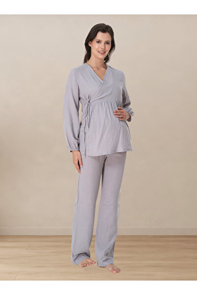 ByLohusa Long Sleeve Muslin Fabric Maternity and Postpartum Pajama Set with B...