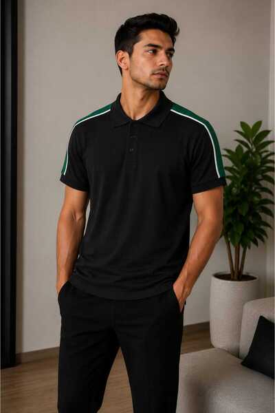 Limina moda Erkek Polo Yaka Tişört Slim Fit Pamuklu Siyah