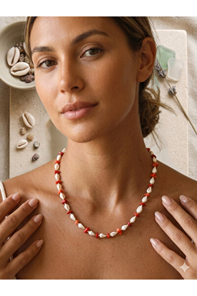 Atolye Ferda Red Coral Cracked Natural Stone and Seashell Detailed Necklace