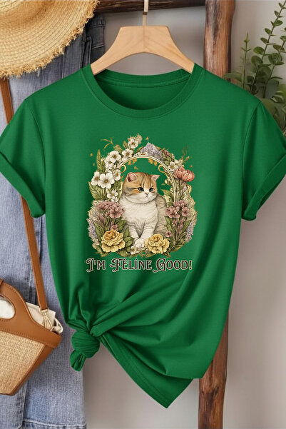 l'eivor Tricou din bumbac pentru femei cu imprimeu I'm Feline Good Cat