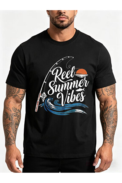 1001 Line تي شيرت رجالي بتصميم كاجوال بطبعة Reel Vibes Fishing للأنشطة الخارج...