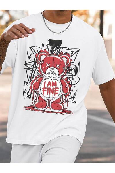 BASEPULSE تي شيرت رجالي 180 جرام 100% قطن بطبعة دب مضحك بعبارة "I AM FINE"، أ...