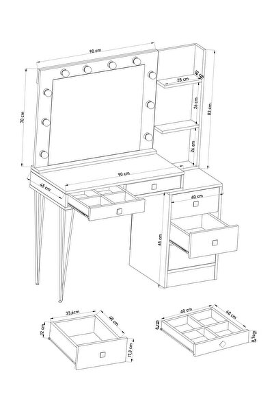 DEKORFİM DF02121 LED Işıklı Aynalı Makyaj Masası Raflı Çekmeceli Beyaz Hollywood Model Makyaj Organizer
