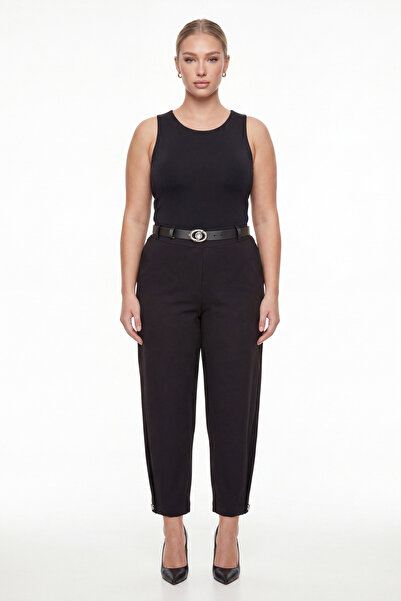 EXİTLİNE Women's Black Summer High-Waisted Pants with Belt and Leg Accessories
