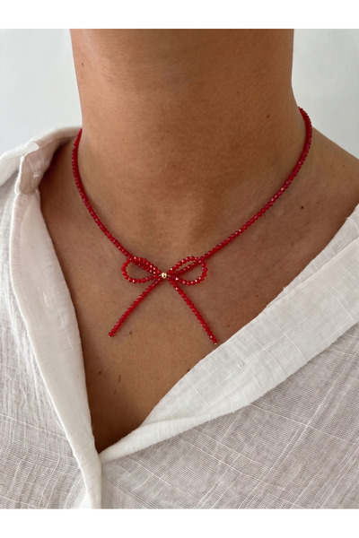 Esdem Accessories Kırmızı Boncuklu Minimal Fiyonk Kolye