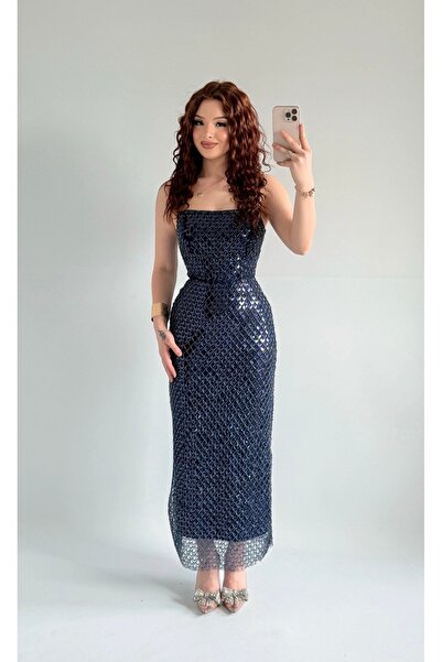 ayşenur Dinçer butik Mermaid Midi Straplez Abiye Lacivert