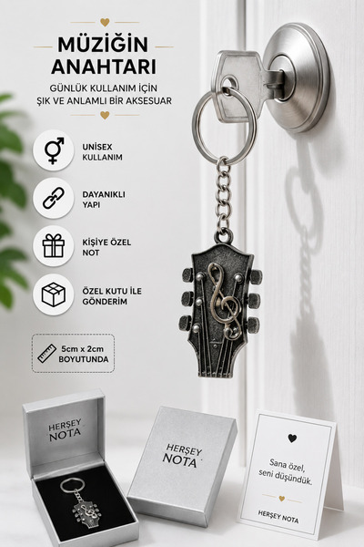 HER ŞEY NOTA www.herseynota.com Silver Color Left-Handed Guitar Head Keychain...