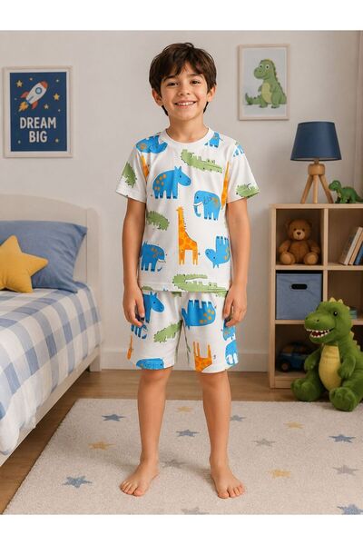 tusem butik homewear Dečački pamučni beli safari set letnjih pidžama sa kratk...