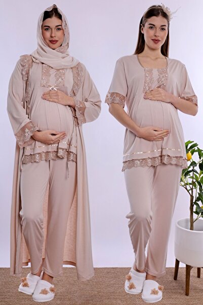 ByLohusa Effortt - Beige - Soft Textured Cotton Long Robe Maternity Pajama Se...