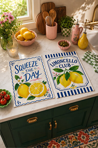 milroma مجموعة مناشف المطبخ Squeeze The Day Limoncello Club Limon منقوشة على ...