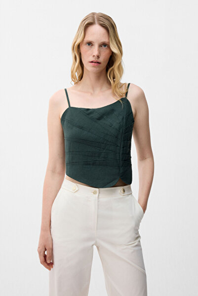 adL Yeşil Drape Detaylı Keten Bluz