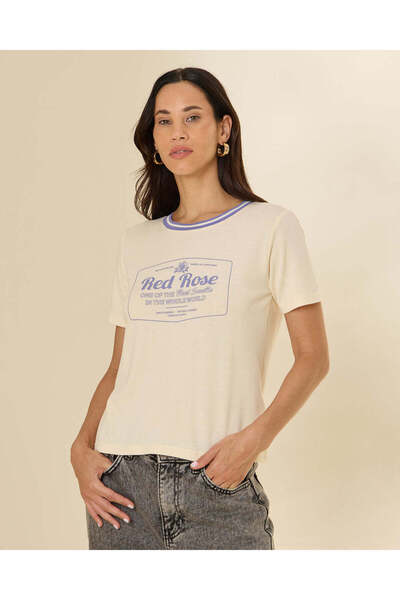 REDTAG Women Ivory Printed Rib Neck T-Shirt