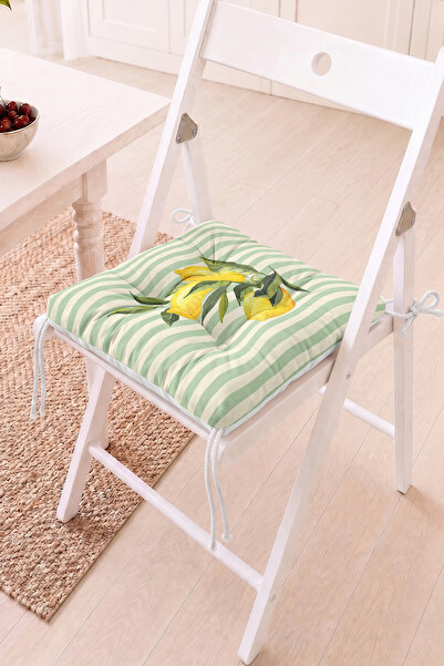 Home Sarı Limon Desenli Pofidik Sandalye Minderi - Çizgili ve Yeşil Dekoratif...