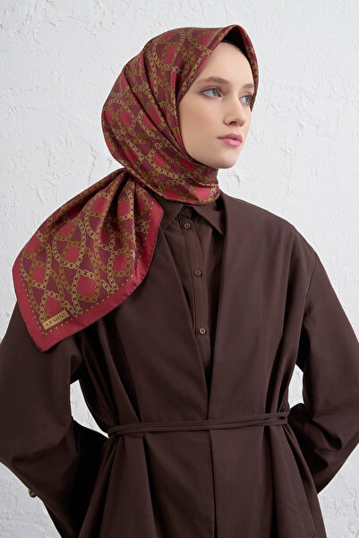 Armine Nostalgia Series Sura Silk Scarf 9410Ds Geometric Pattern 01-Red-Burgu...
