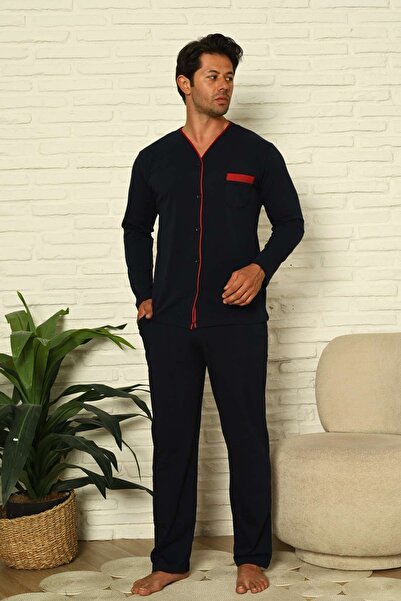 ALİMER Front Buttoned Men's Pajama Set - Navy Blue Long Sleeve Lycra Cotton 1...
