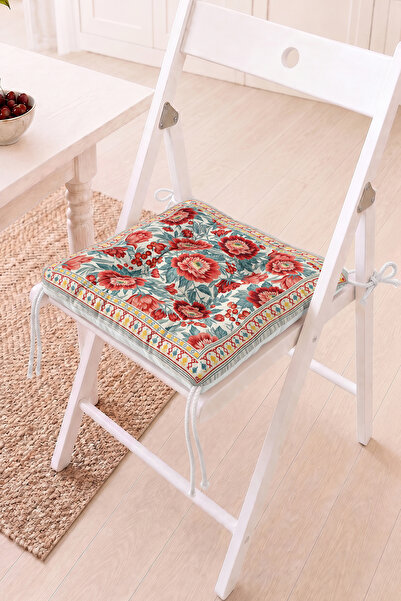 Home Kırmızı Çiçek Desenli Pofidik Sandalye Minderi - Vintage Dekoratif Balko...