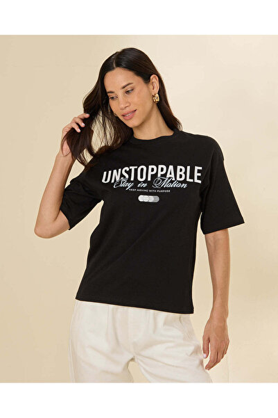 REDTAG Women Black Oversized Active Graphic T-Shirt