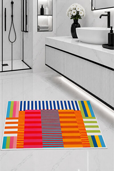 Hayal Dekoratif Modern Temalı Çizgili Retro Kaymaz Taban Yıkanabilir Banyo Paspas Takımı Dijital Baskılı 40x60-50x70-60x90'cm
