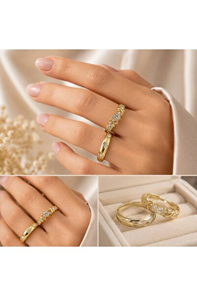 Mervişim Aksesuar Vintage Stylish 2-Piece Zircon Stone Gold Color Adjustable ...