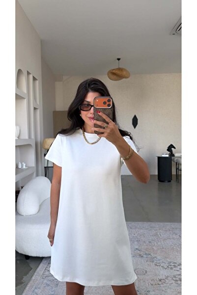 Buket Teke Ecru Crew Neck Basic Dress