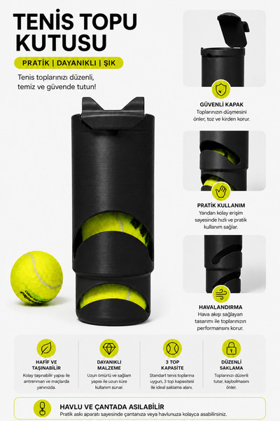 Tenis Topu Kutusu 3 Top Kapasiteli Çok Amaçlı Askılı Top Saklama Kutusu | Havlu ve Çanta Askılığı | Padel & Tenis Aksesuarı