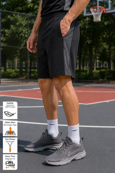 BESSA Black Men's Shorts with Zipper Pockets, Lightweight Fabric, Sporty Style