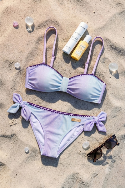 Luvensa Lila Mavi Işıltılı Kroşetalı Straplez Bikini Takımı