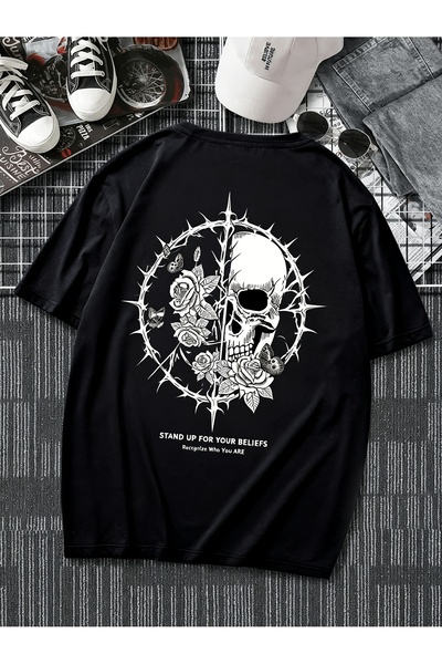 23 nisan Men's Pure Cotton T-shirt, Featuring a Thorned Rose Skull Print, Sum...