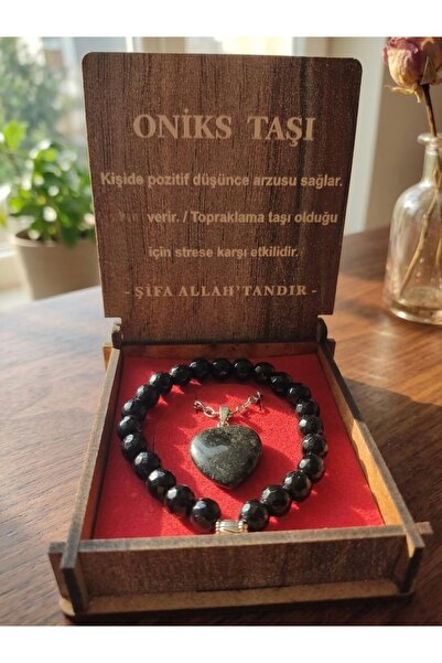 Meneva Aksesuar Onyx Stone Natural Stone Necklace with Wooden Box, Bracelet Set