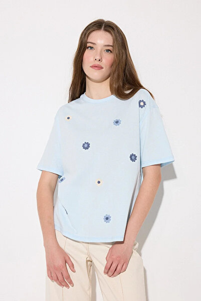 Gusto Tricou din bumbac cu broderie florală și croială relaxată - Albastru