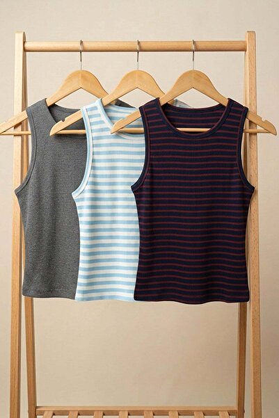 COTENCONCEPT 3 Pieces of Ribbed Fitted Viscose Blended Strappy T-Shirt