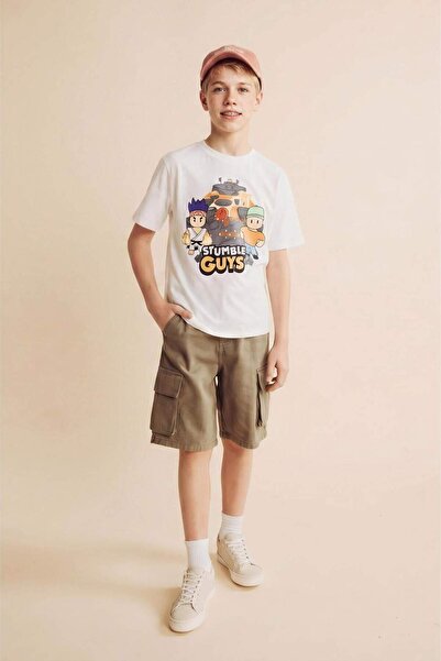 DeFacto Tricou Ecru cu mânecă scurtă, cu gât crew, cu licență Stumble Guys, p...