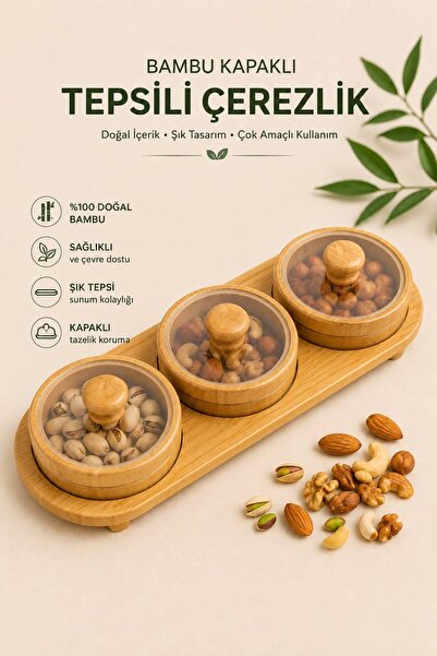 HAZARPAZAR 3'lü Bambu OvalTepsili Plastik Kapaklı Çerezlik Kahvaltılık Saklam...