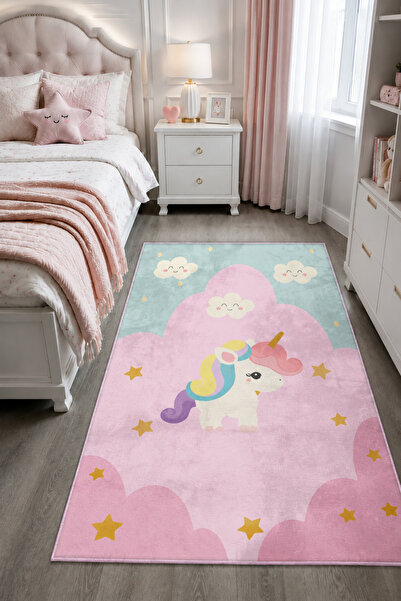 Bebişim Halı Pembe Unicorn Bulutlu Bambu Çocuk Halısı