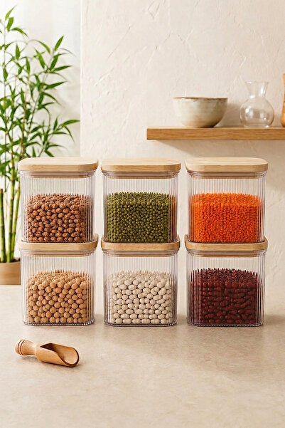 Kitchen Life Set of 6 Large Vacuum Rectangular Jars with Wooden Lids and Labe...