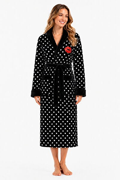Seritaine Kiss Kiss Şalyaka Women's Bathrobe Polka Dot Black-White 100% Cotton