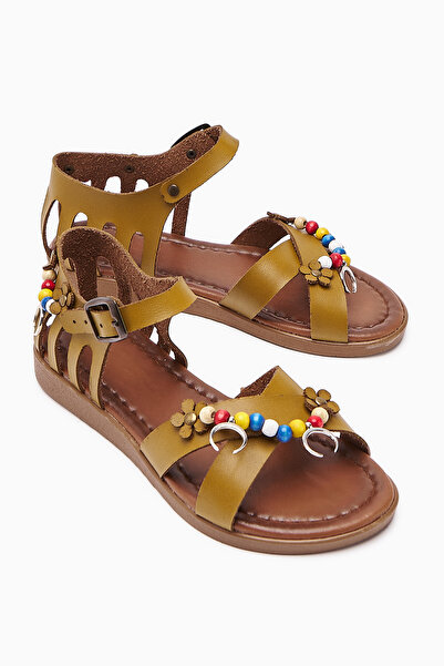 RoseVeno Women's Mustard Beaded Leather Powder Casual Sandals