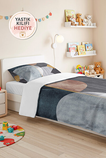 Evimde Bambaşka Blue Geometric Modern Young Room Single Pique Set - Gray Gold...