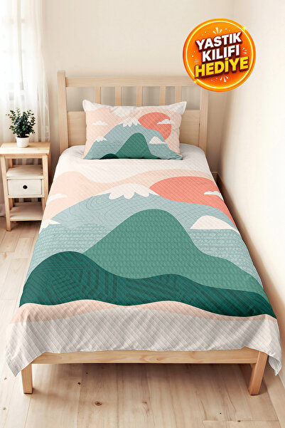 Evimde Bambaşka Geometric Mountain Green Young Room Single Pique Set - Pastel...