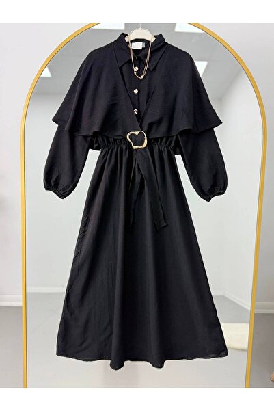 YILMAZBARMAZ Gold Buckle Detailed Hijab Dress with Elastic Waistband