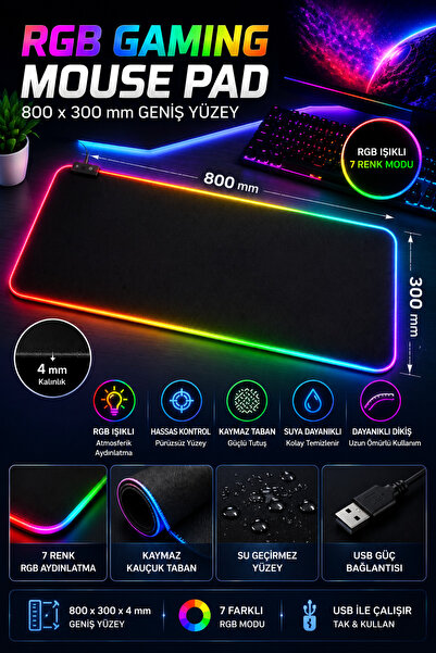 TECHNOMEN RGB Işıklı Gaming Mouse Pad 800x300 mm XXL Oyuncu Mouse Pad Kaymaz ...