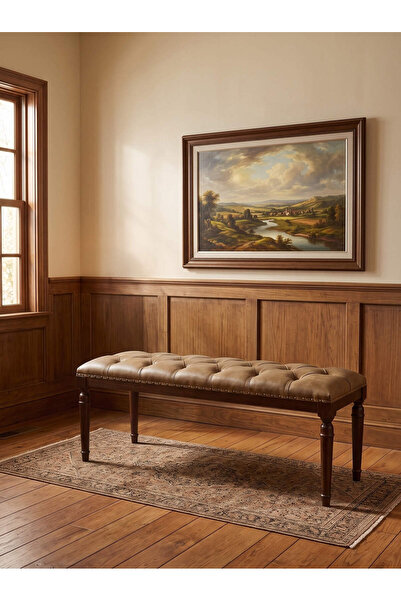 KleinHaus Furniture Sarp Bank, Kapitone Döşemeli Ahşap Bank, Kabara Detaylı P...