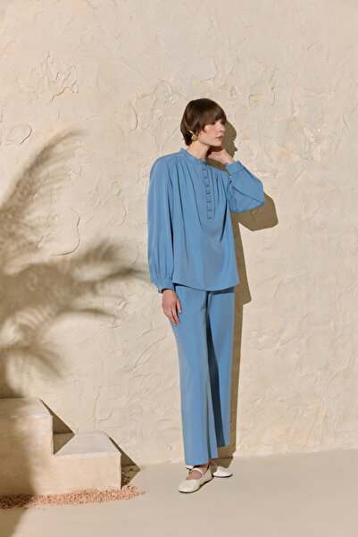 Aker Blue Ribbed Detailed Lace-Up Blouse