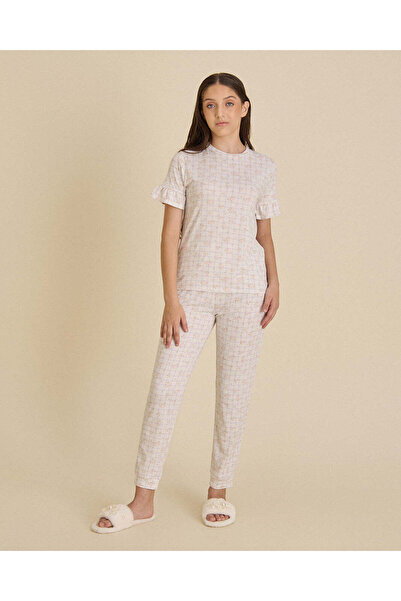 REDTAG Senior Girls White Plaid Ruffle Sleeves Pajama Set
