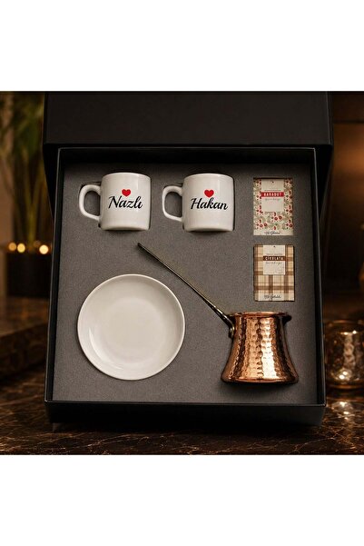 Bk Gift Kutulu Kişiye Özel İsimli 2'li Fincan & Bakır Cezve ve Karadut - Çiko...
